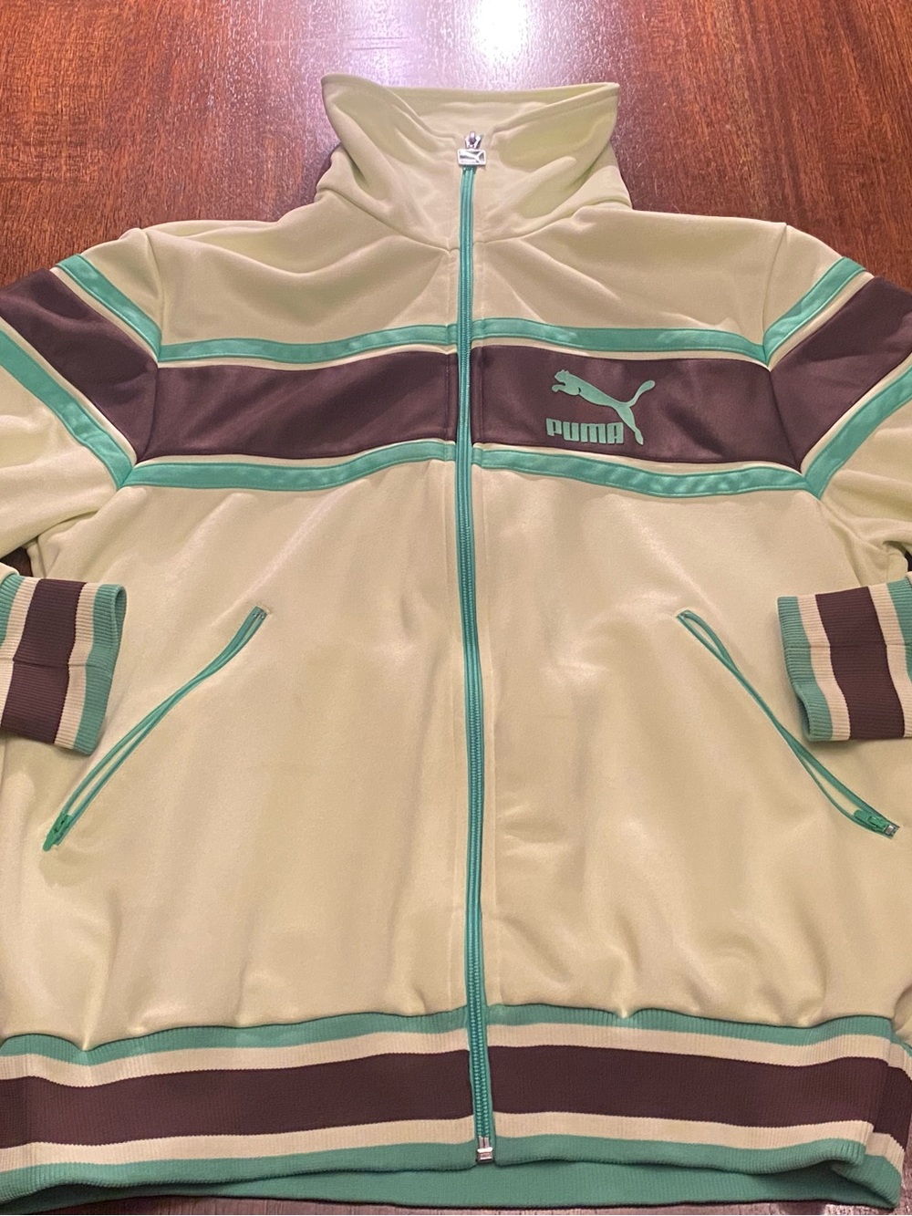 Vintage Puma Track Jacket Men Size Large Pale Yellow Green Brown Stripe Full Zip